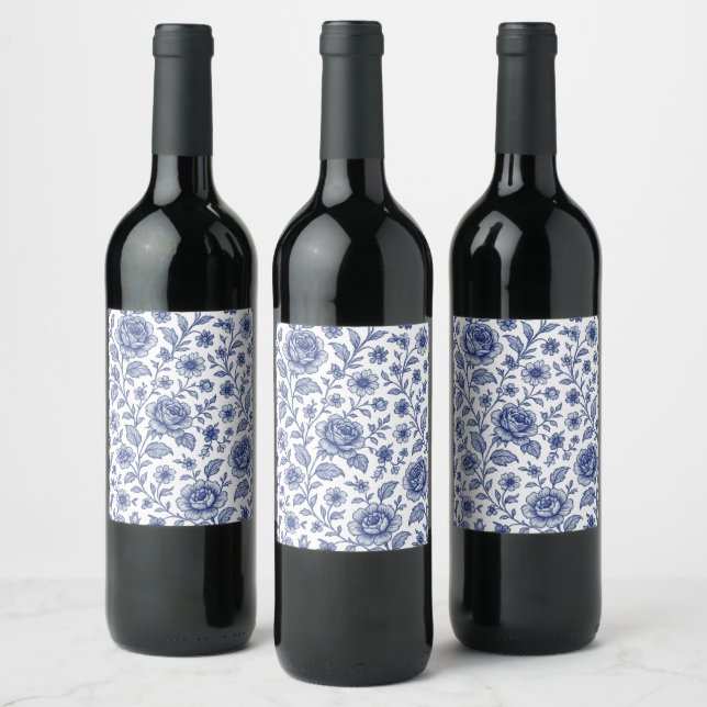 Royal Blue Roses Floral Pattern  Wine Label (Bottles)