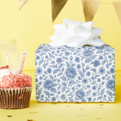 Royal Blue Roses Floral Pattern  Wrapping Paper