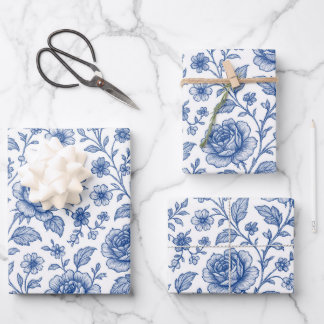 Royal Blue Roses Floral Pattern  Wrapping Paper Sheets