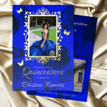 Royal Blue Roses, Gold Butterfly Frame Quinceanera Foil Invitation<br><div class="desc">Elegant royal blue & silver Quinceanera invitation with real silver foil butterflies has a decorative silver photo frame for your Mis Quince photo. Change silver foil to gold for blue and gold birthday colors. Butterflies can easily be resized and repositioned. Whimsical butterfly design template is attractive with your azure gown...</div>