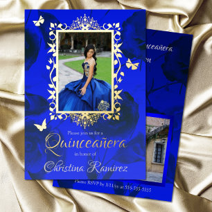 Royal Blue Roses, Gold Butterfly Frame Quinceanera Foil Invitation