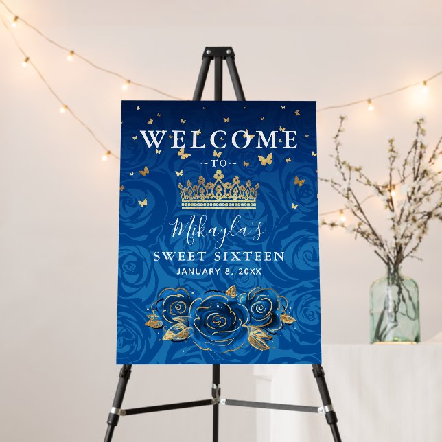 Royal Blue Roses Gold Crown Welcome Party Foam Board (In Situ (Stand))