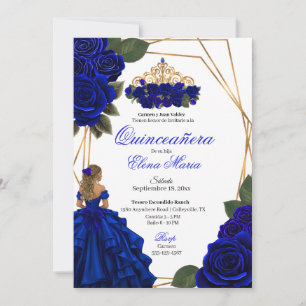Royal Blue Roses Gold Quinceañera Invitation