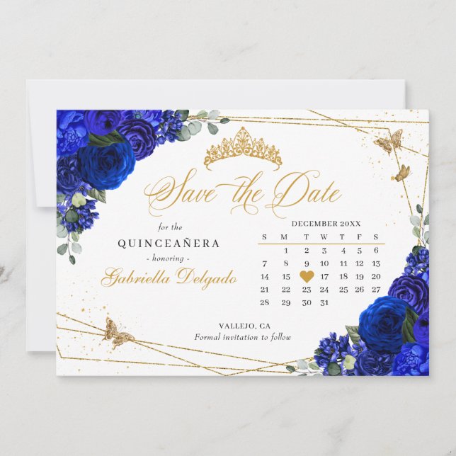 Royal Blue Roses & Gold Quinceañera Save The Date Invitation (Front)