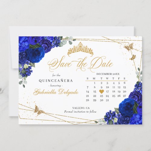 Royal Blue Roses  Gold Quinceaera Save The Date Invitation