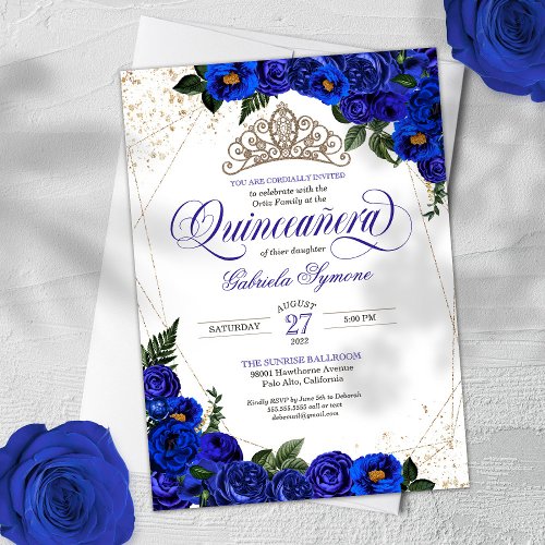 Royal Blue Roses  Gold Tiara Elegant Quinceaera Invitation