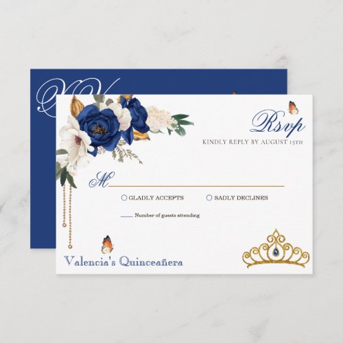 Royal Blue Roses Gold Tiara Quinceanera RSVP Card
