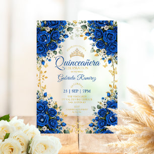 Royal Blue Roses Quinceañera Golden Butterflies  Acrylic Invitations