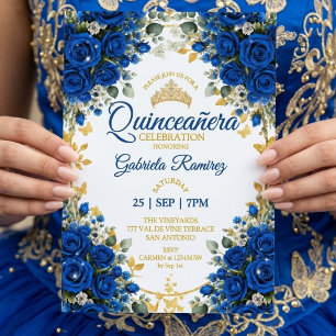 Royal Blue Roses Quinceañera Golden Butterflies Invitation