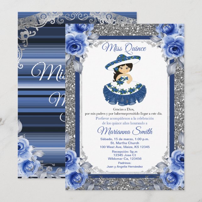 Royal Blue Roses Quinceañera invitation (Front/Back)