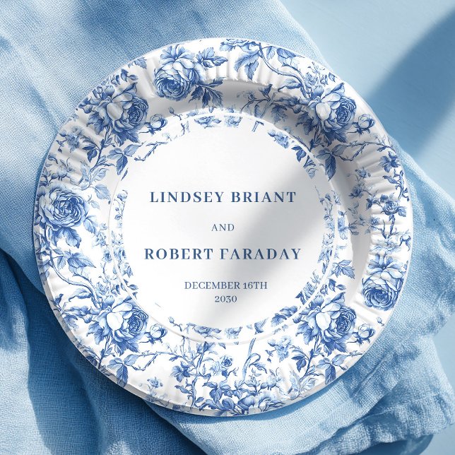 Royal Blue Roses Toile Wedding Paper Plates (Royal Blue Roses Wedding Paper Plates)