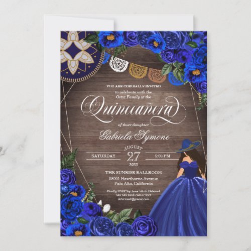 Royal Blue Roses Western Charro Rustic Quinceanera Invitation