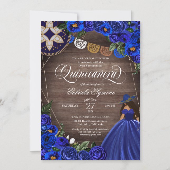 Royal Blue Roses Western Charro Rustic Quinceanera Invitation (Front)
