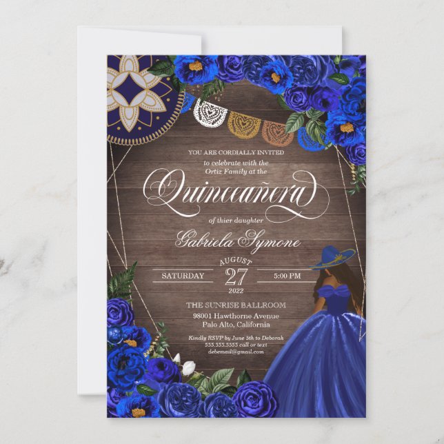 Royal Blue Roses Western Charro Rustic Quinceanera Invitation (Front)