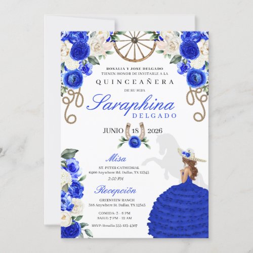 Royal Blue Roses Western Cowgirl Quinceaera Invitation