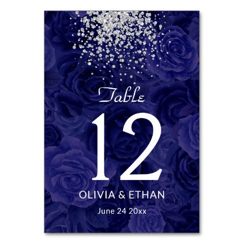 Royal Blue Roses with Sliver Glitter Splash Table Number