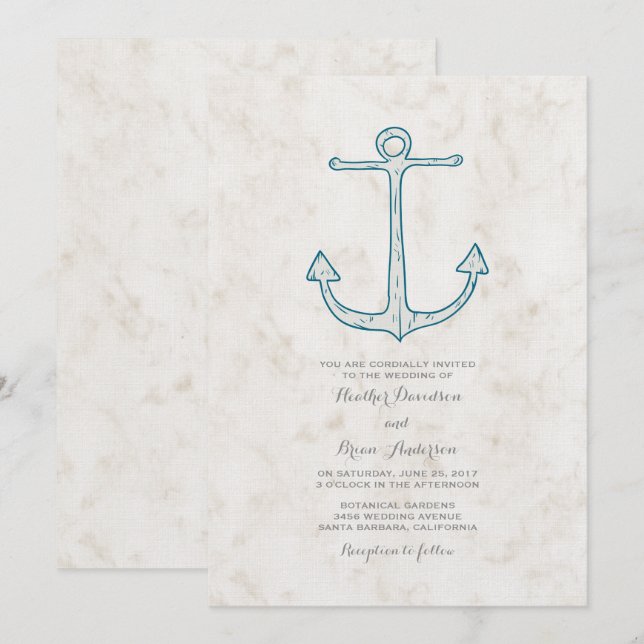 Royal Blue Rustic Anchor Wedding Invite (Front/Back)