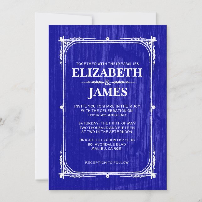 Royal Blue Rustic Barn Wood Wedding Invitations (Front)