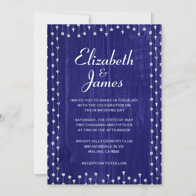 Royal Blue Rustic Barn Wood Wedding Invitations (Front)