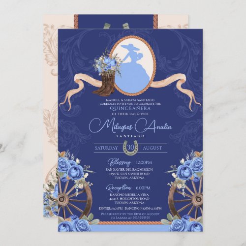 Royal Blue Rustic Baroque Charro Quinceanera Invitation