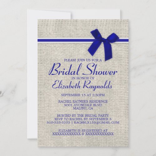 Royal Blue Rustic Burlap Bridal Shower Invitations