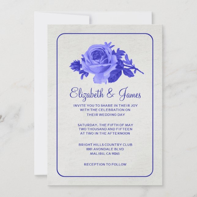 Royal Blue Rustic Floral/Flower Wedding Invitation (Front)