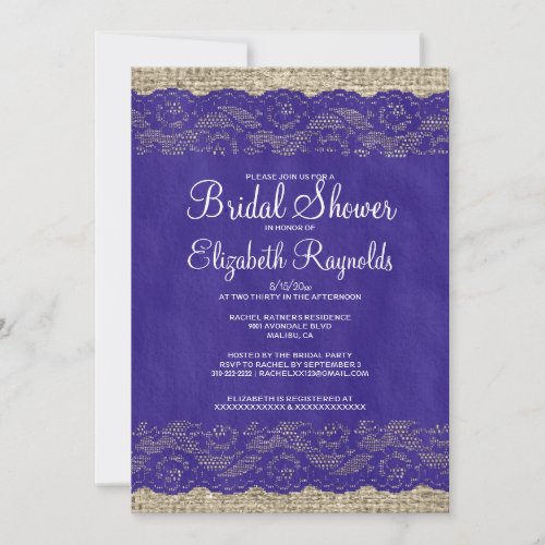 Royal Blue Rustic Lace Bridal Shower Invitations
