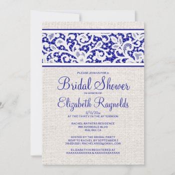 Royal Blue Rustic Linen Bridal Shower Invitations by topinvitations at Zazzle