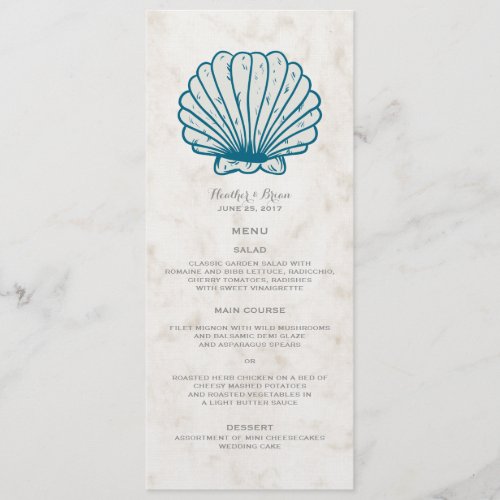 Royal Blue Rustic Seashell Wedding Menu