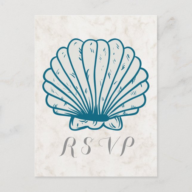 Royal Blue Rustic Seashell Wedding RSVP Postcard (Front)