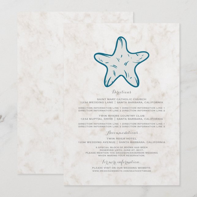 Royal Blue Rustic Starfish Wedding Information Invitation (Front/Back)