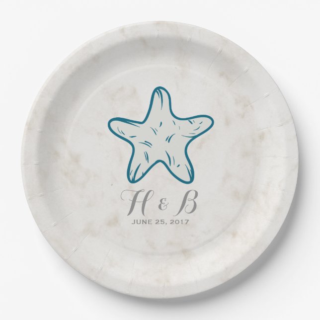 Royal Blue Rustic Starfish Wedding Paper Plates (Front)