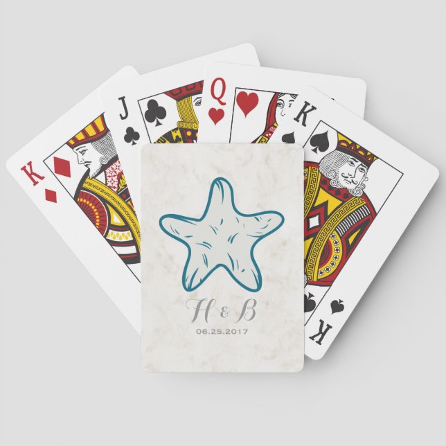 Royal Blue Rustic Starfish Wedding Poker Cards (Back)