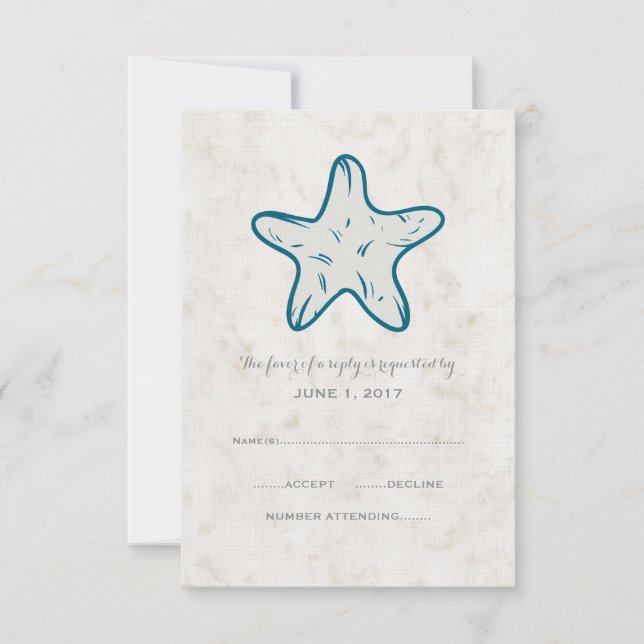 Royal Blue Rustic Starfish Wedding RSVP Card (Front)