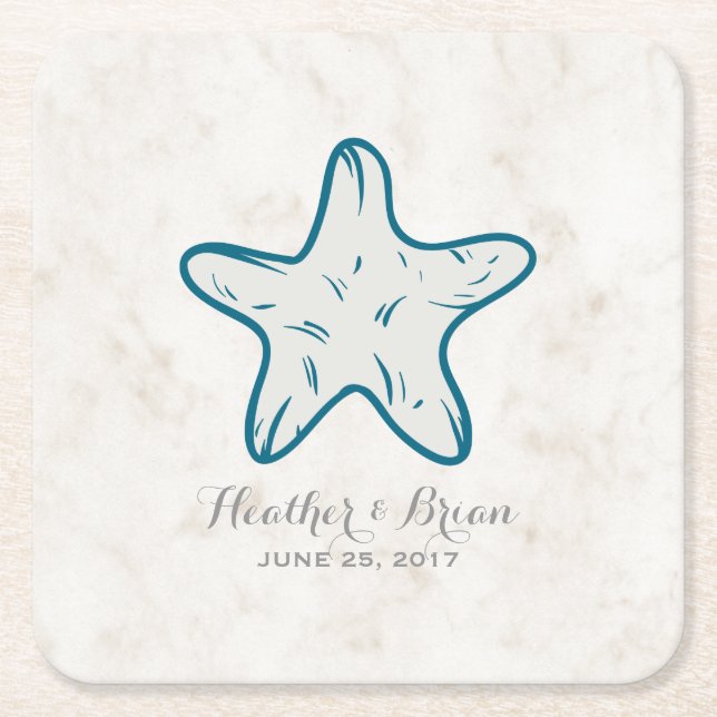 Royal Blue Rustic Starfish Wedding Square Paper Coaster (Front)