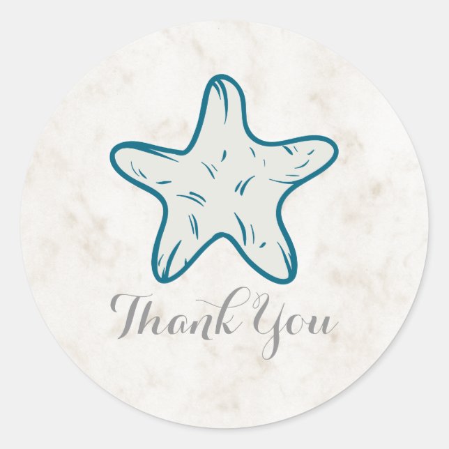 Royal Blue Rustic Starfish Wedding Thank You Classic Round Sticker (Front)
