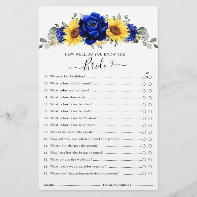 Royal Blue Rustic Sunflower Bridal Shower Game (Front)