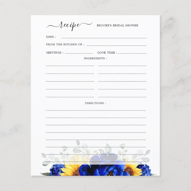 Royal Blue Rustic Sunflower Bridal Shower Recipe (Front)