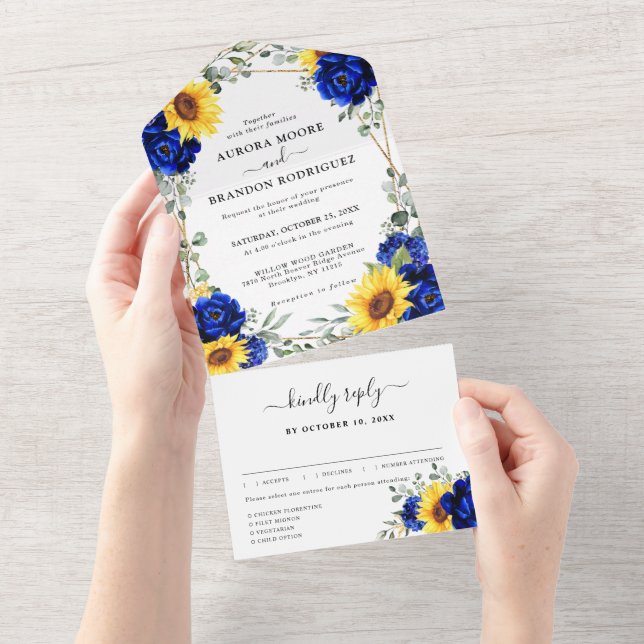 Royal Blue Rustic Sunflower Geometric Wedding  All In One Invitation (Tearaway)
