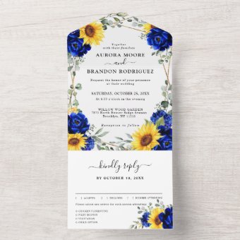 Royal Blue Rustic Sunflower Geometric Wedding All In One Invitation ...