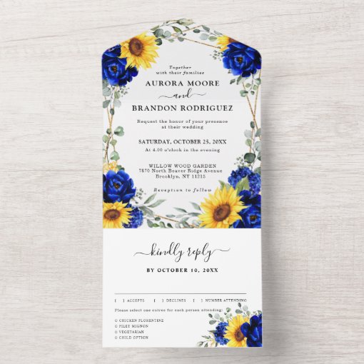 Royal Blue Rustic Sunflower Geometric Wedding All In One Invitation ...