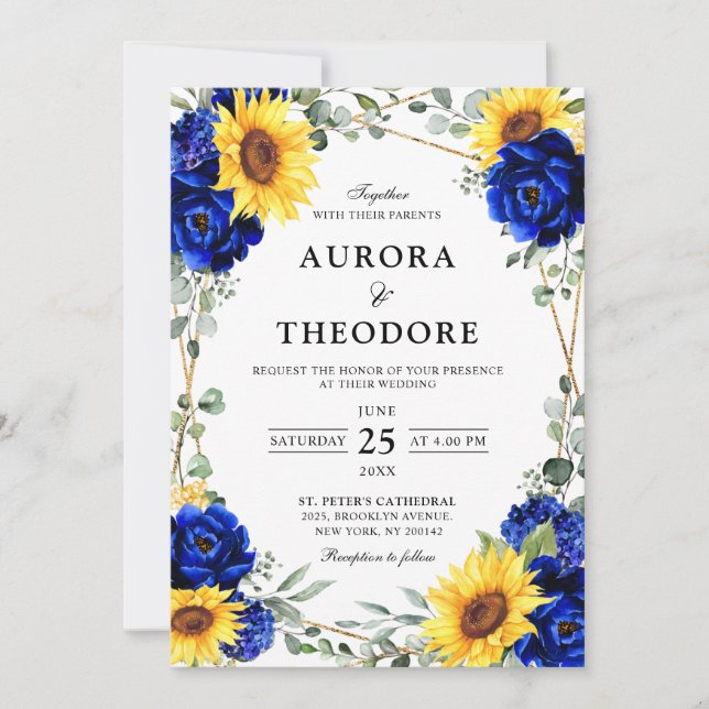 Royal Blue Rustic Sunflower Geometric Wedding  Inv Invitation (Front)