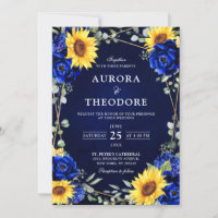 Royal Blue Rustic Sunflower Geometric Wedding Inv