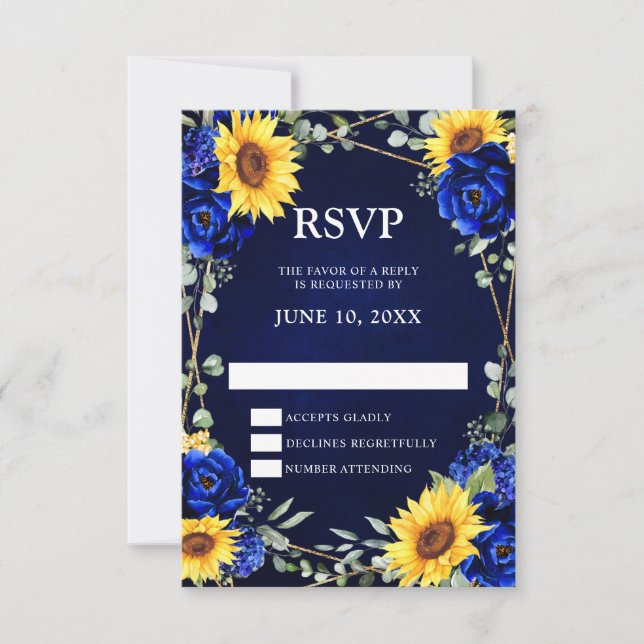 Royal Blue Rustic Sunflower Geometric Wedding  RSV RSVP Card (Front)