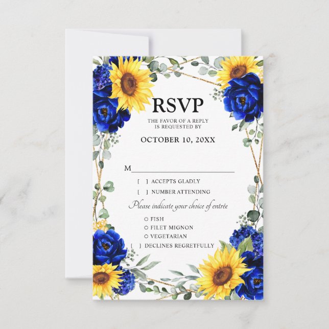 Royal Blue Rustic Sunflower Geometric Wedding  RSVP Card (Front)