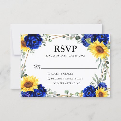 Royal Blue Rustic Sunflower Geometric Wedding  RSVP Card