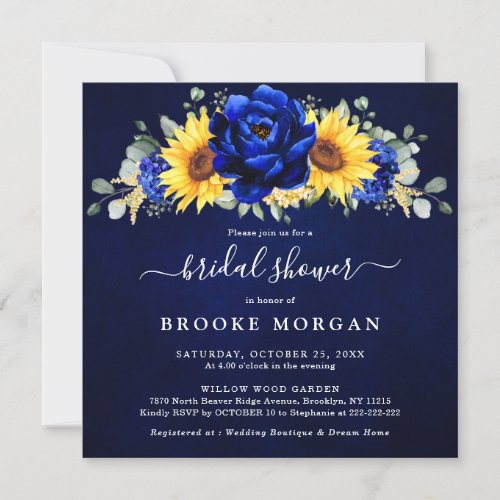 Royal Blue Rustic Sunflower Modern Bridal Shower I Invitation