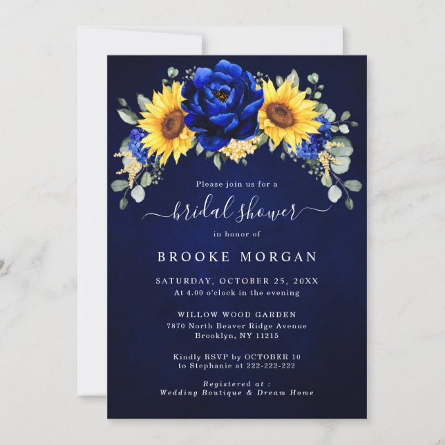 Royal Blue Rustic Sunflower Modern Bridal Shower I Invitation (Front)