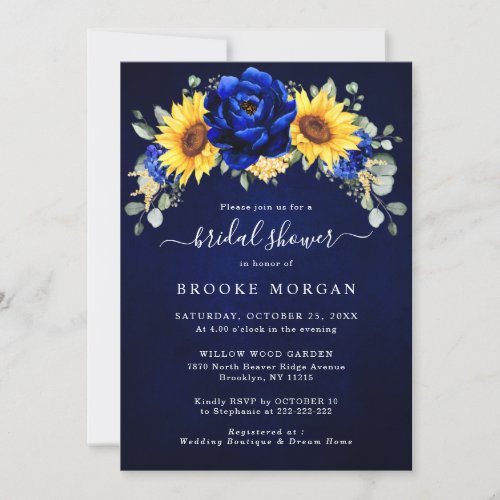 Royal Blue Rustic Sunflower Modern Bridal Shower I Invitation