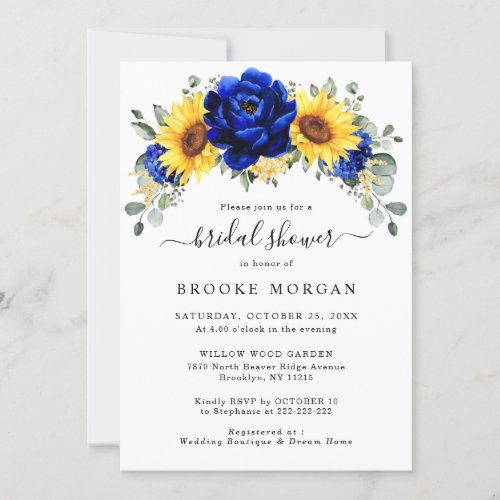 Royal Blue Rustic Sunflower Modern Bridal Shower Invitation